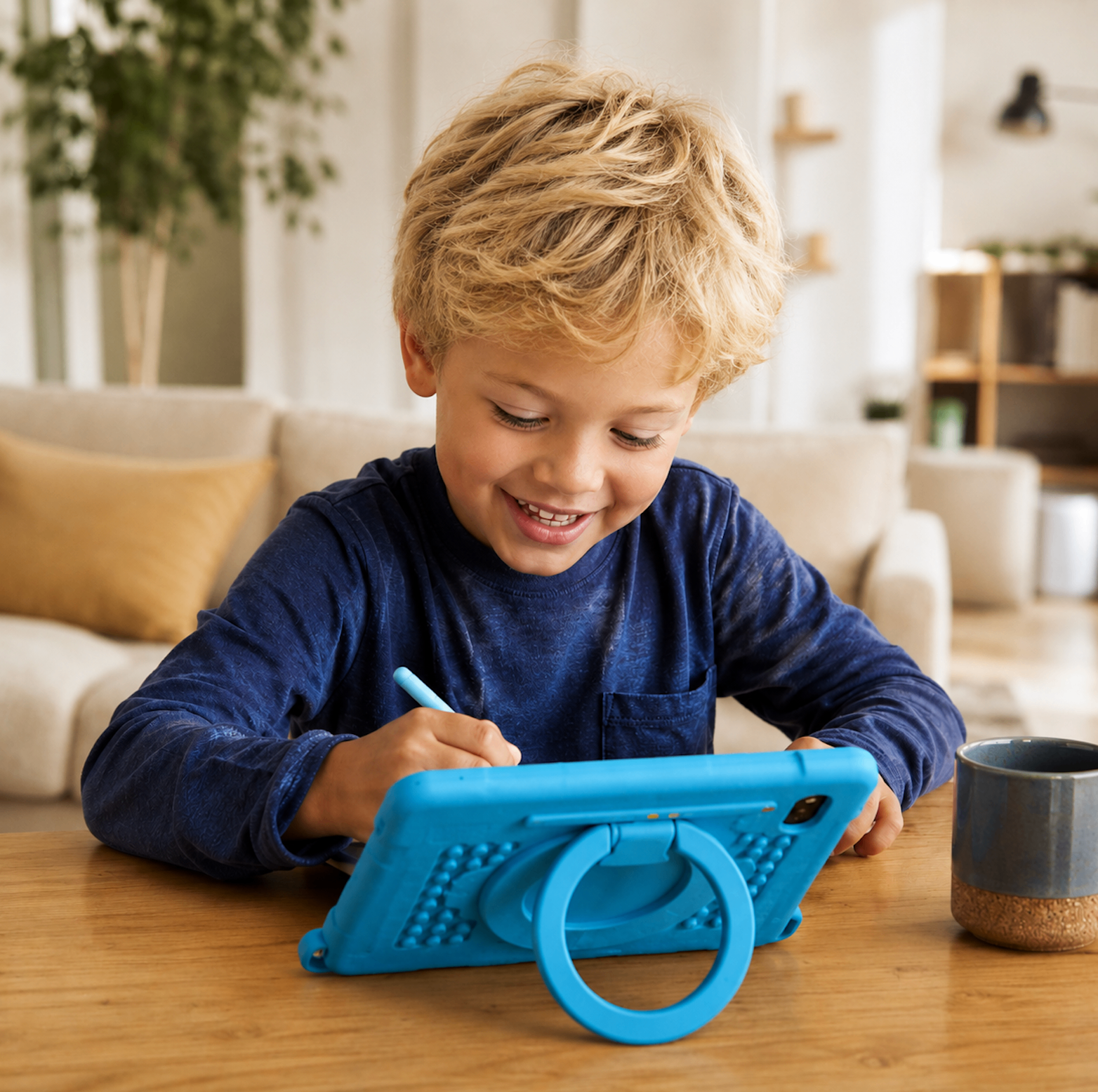 Geconcentreerd kind dat speelt en leert op een tablet
